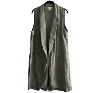 St. Tropez West 100% Linen Open Front Longline Vest Olive Green Lagenlook